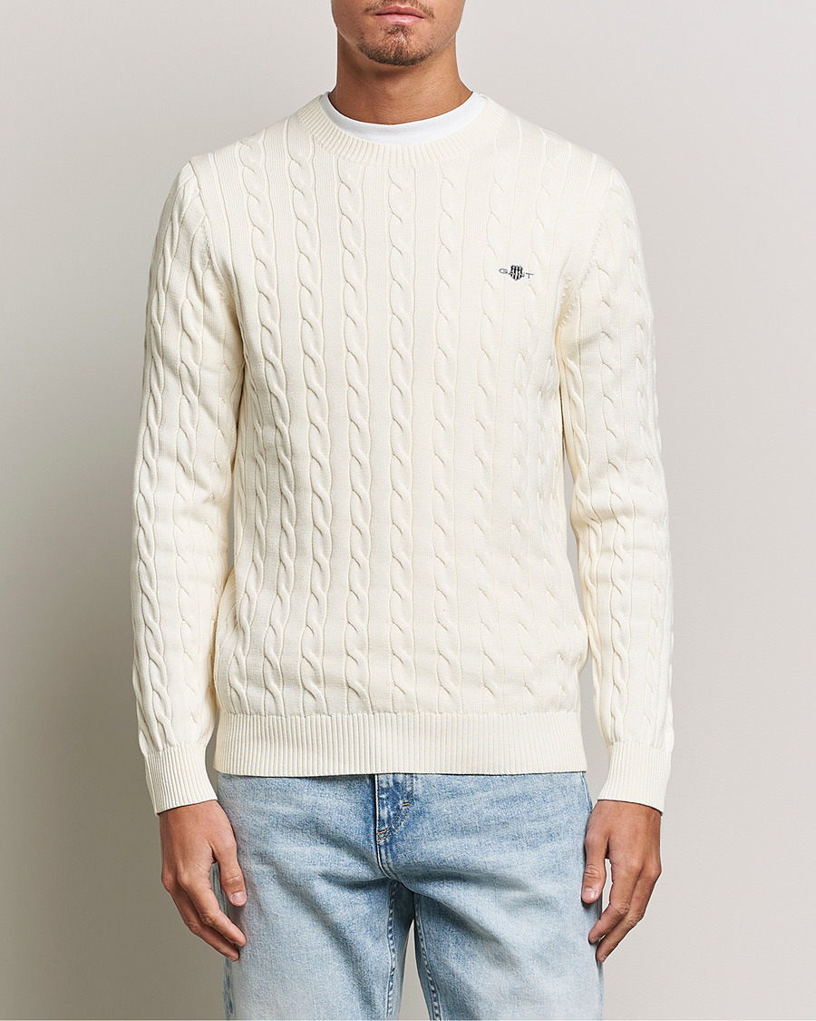 Men | Sweaters & Knitwear | Gant | Cotton Cable Crew Neck Cream
