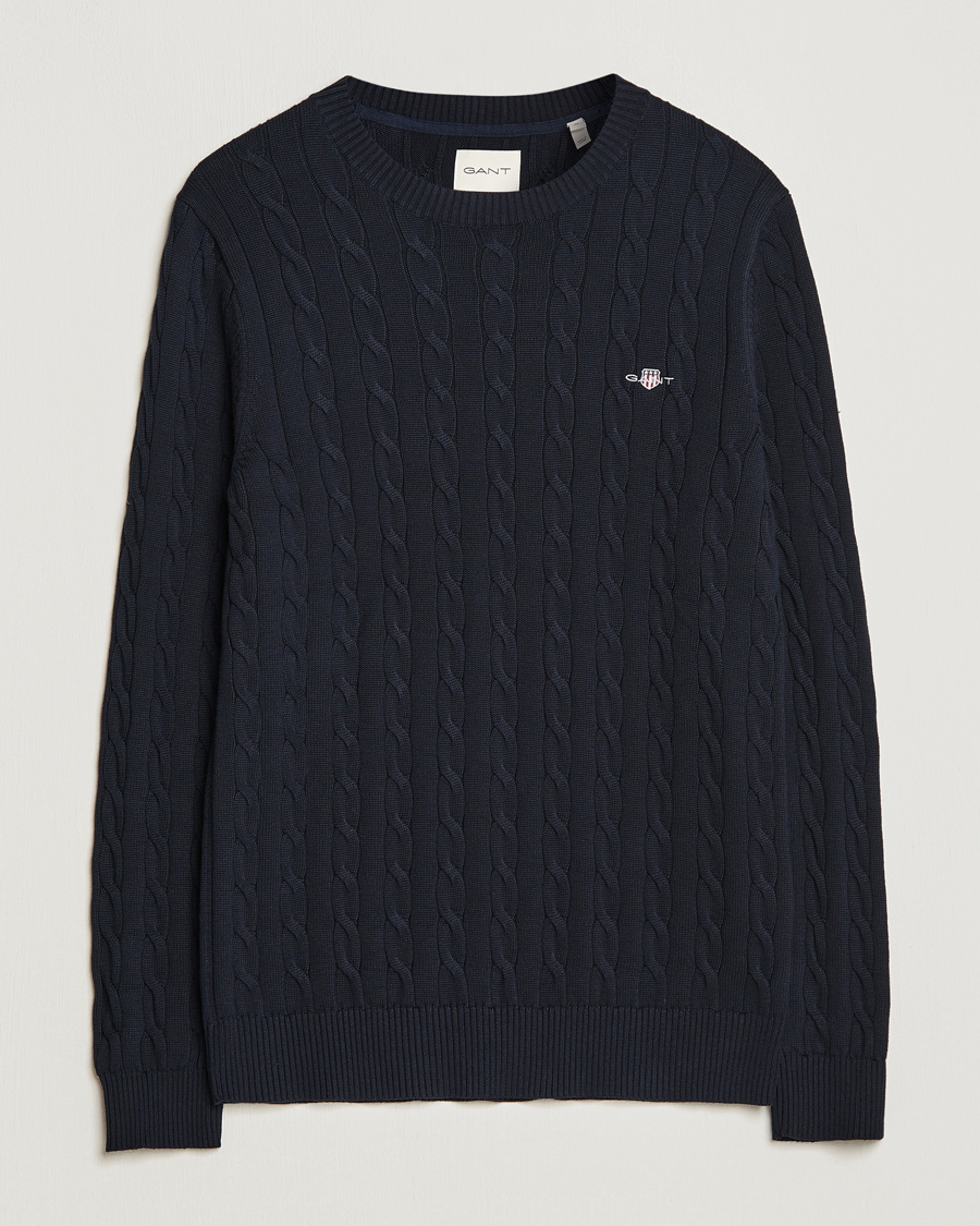 Men | Sweaters & Knitwear | GANT | Cotton Cable Crew Neck Pullover Evening Blue