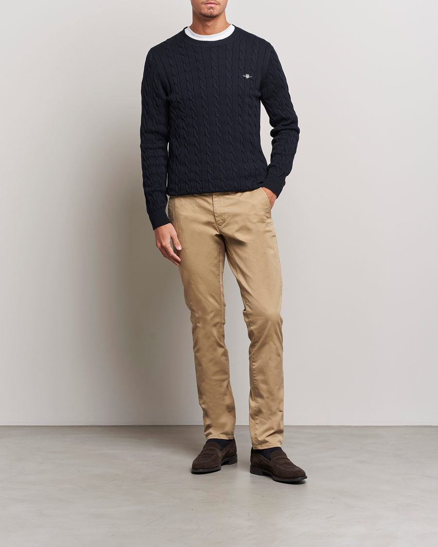 Men | Sweaters & Knitwear | Gant | Cotton Cable Crew Neck Evening Blue