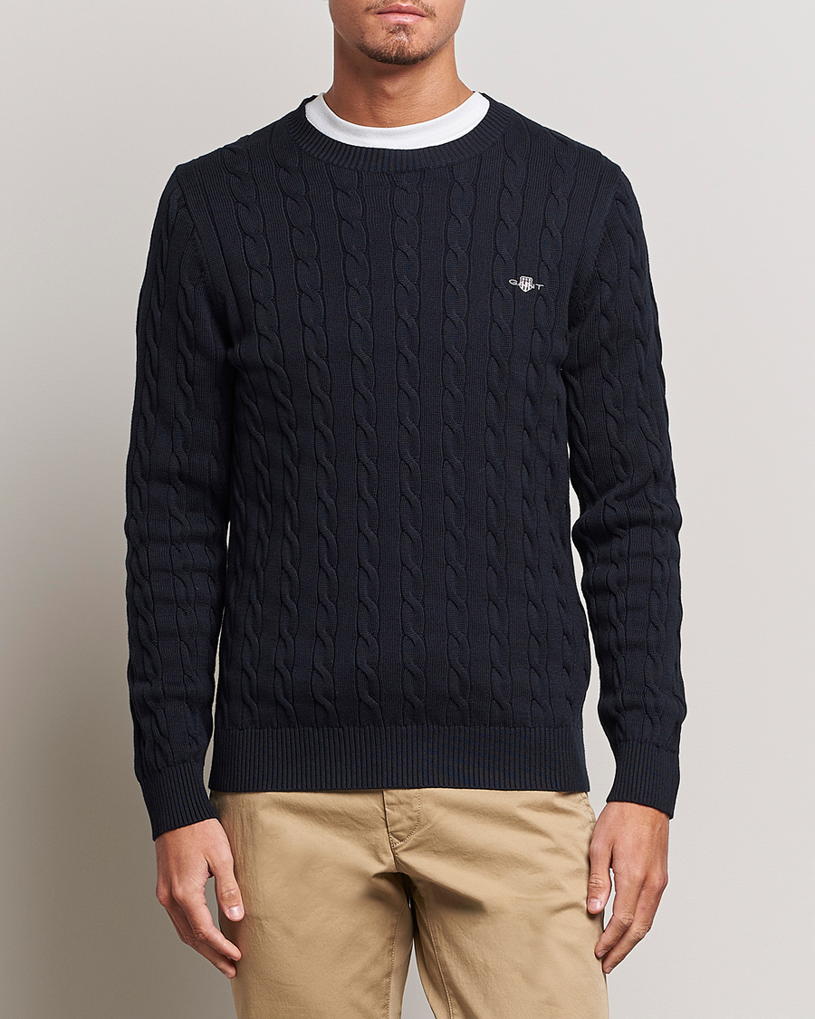 Men | Sweaters & Knitwear | GANT | Cotton Cable Crew Neck Pullover Evening Blue
