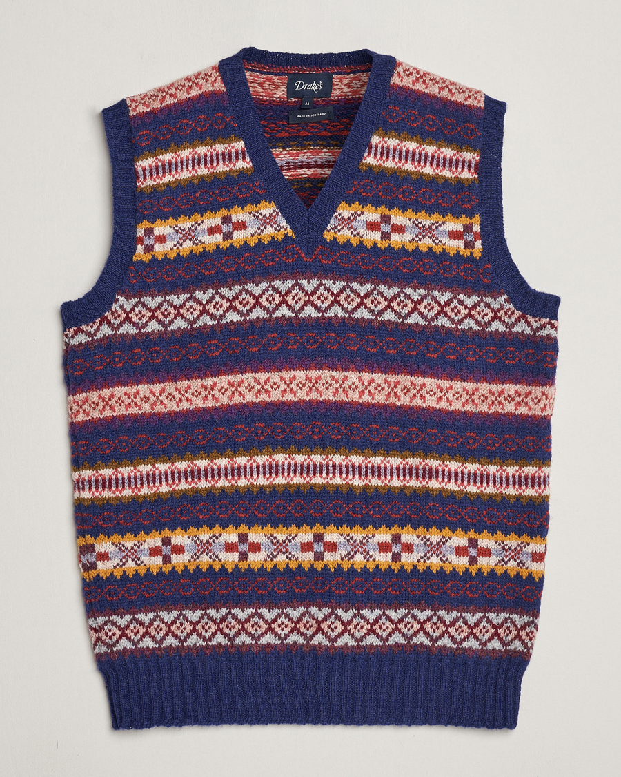 Men | Sweaters & Knitwear | Drake's | Fairisle Print Wool Vest Navy