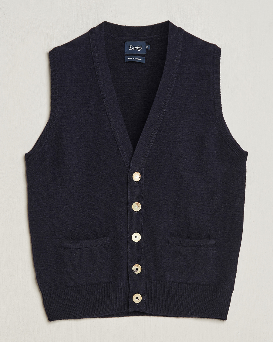 Men | Sweaters & Knitwear | Drake's | Lambswool Vest Cardigan Navy