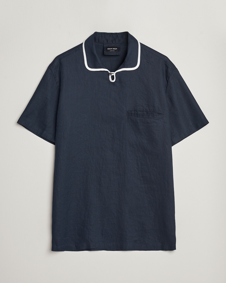 Men | Shirts | Giorgio Armani | Linen Guru Collar Short Sleeve Shirt Navy