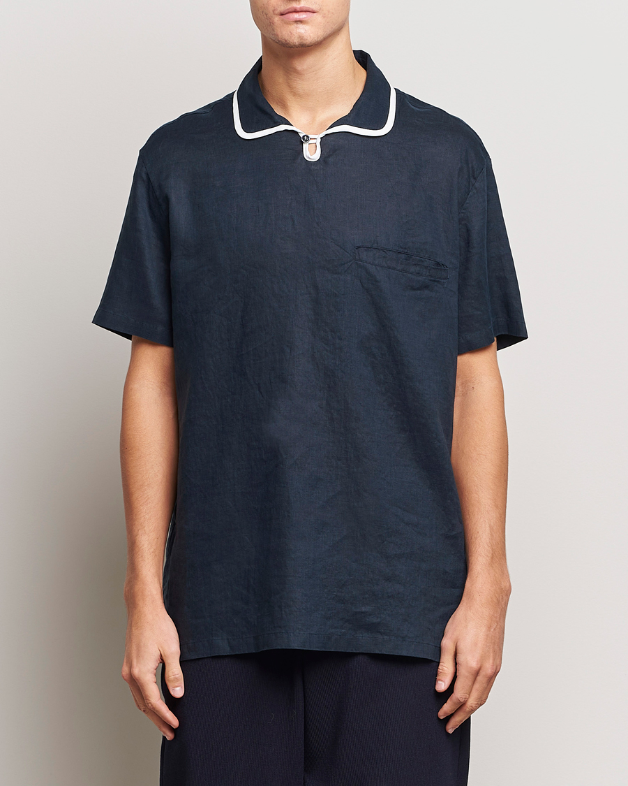 Men | Shirts | Giorgio Armani | Linen Guru Collar Short Sleeve Shirt Navy