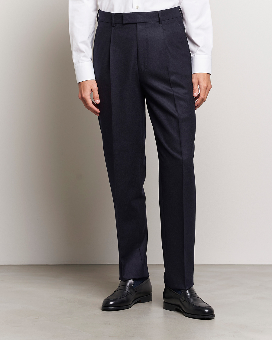 Men | Trousers | Zegna | Pleated Flannel Trousers Navy