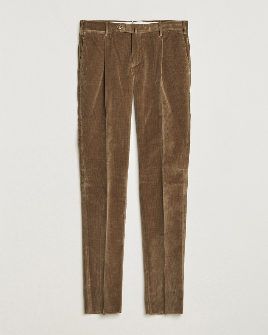 Men | Trousers | PT01 | Slim Fit Pleated Corduroy Trousers Taupe
