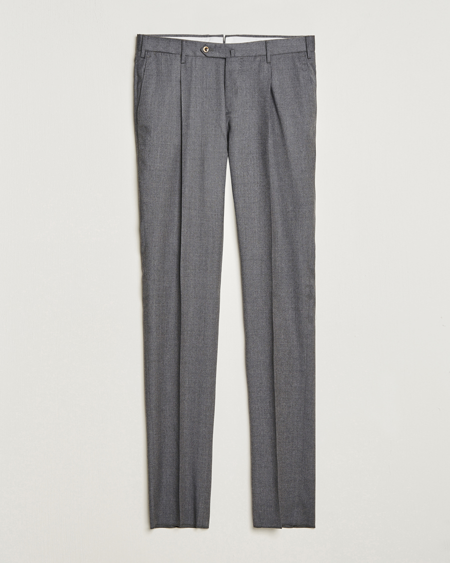 Men | Trousers | PT01 | Slim Fit Pleated Flannel Trousers Grey Melange