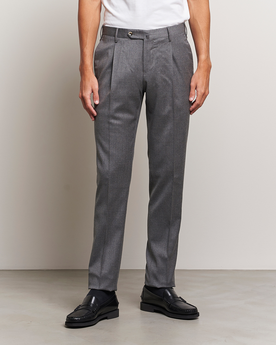 Men | Trousers | PT01 | Slim Fit Pleated Flannel Trousers Grey Melange
