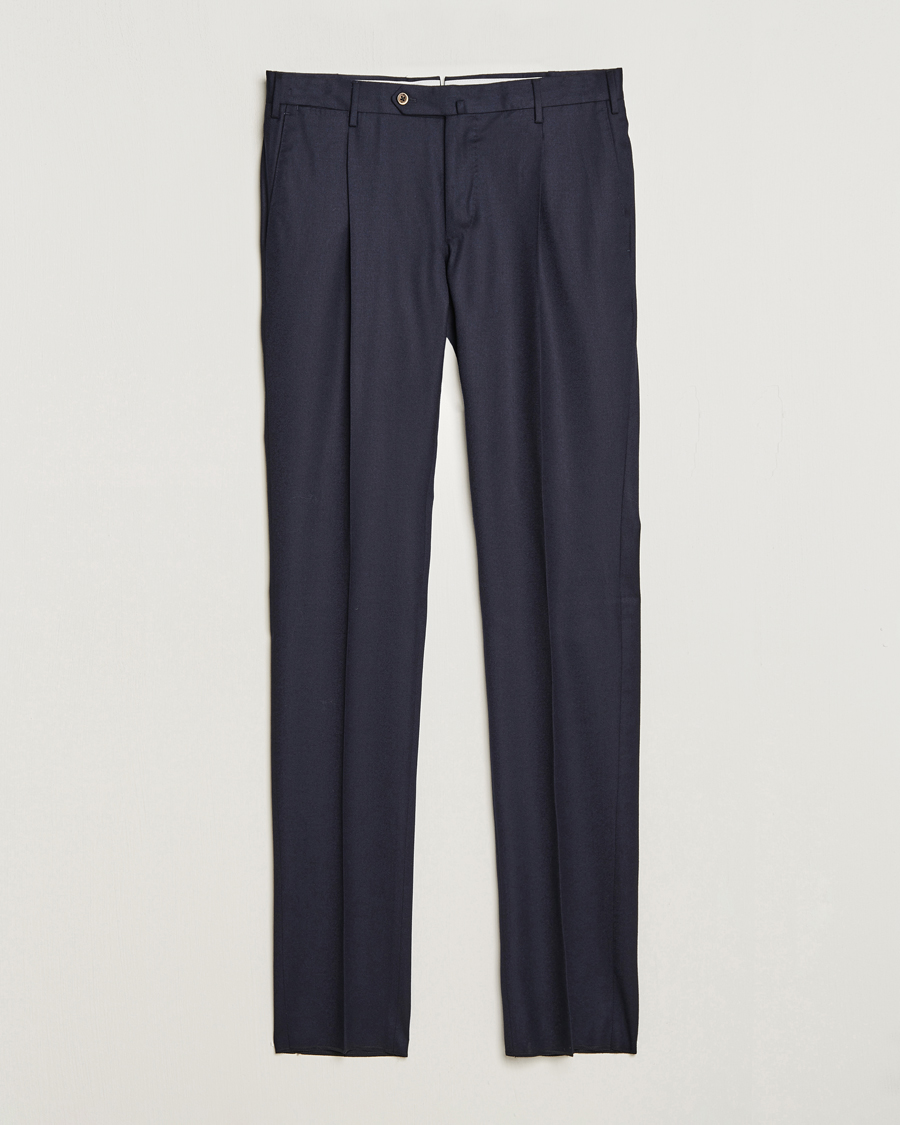 Men | Trousers | PT01 | Slim Fit Pleated Flannel Trousers Navy