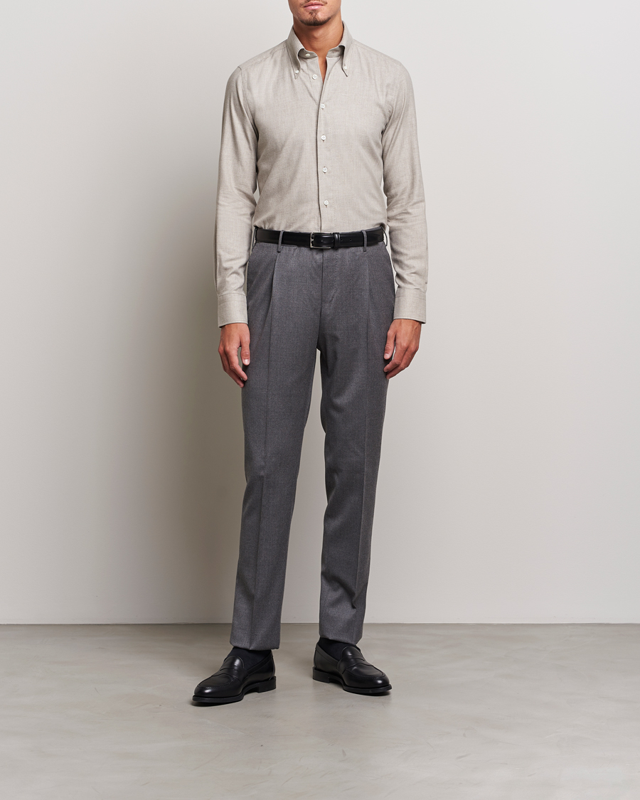 Men | Shirts | 100Hands | Cotton/Cashmere Button Down Flannel Shirt Taupe
