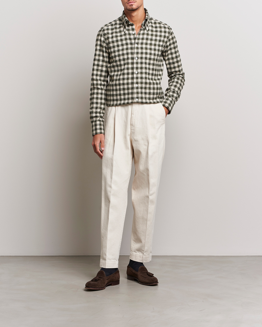 Men | Shirts | 100Hands | Checked Cotton Flannel Shirt Green Grey