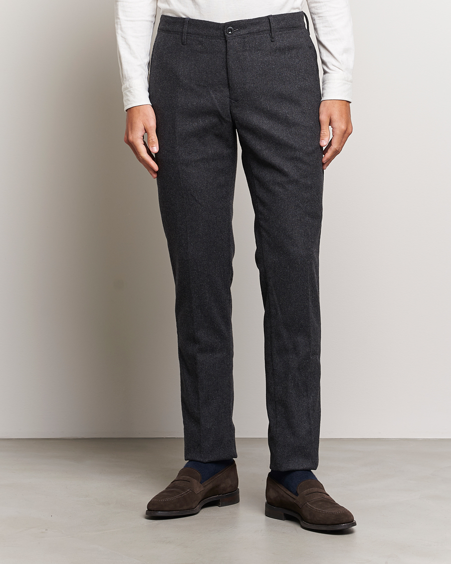 Men | Trousers | Incotex | Slim Fit Washed Flannel Stretch Slacks Dark Grey