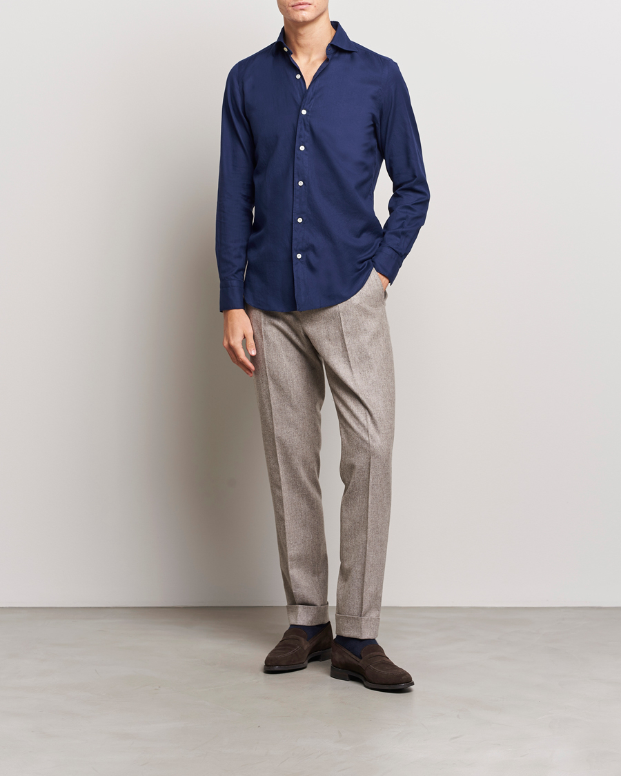 Men | Shirts | Finamore Napoli | Tokyo Slim Flannel Shirt Navy