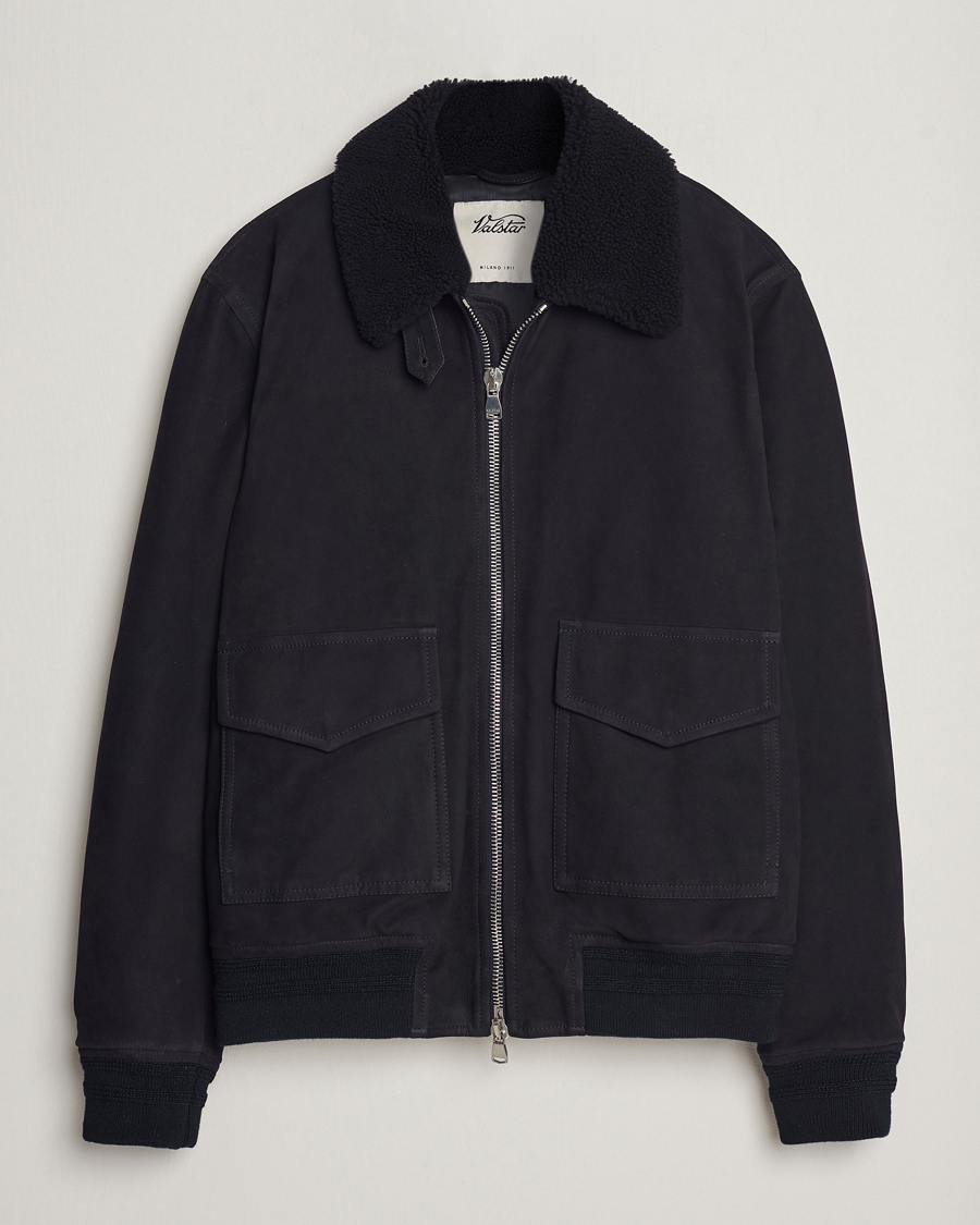 Men | Coats & Jackets | Valstar | Shearling Collar Suede Bomber Navy