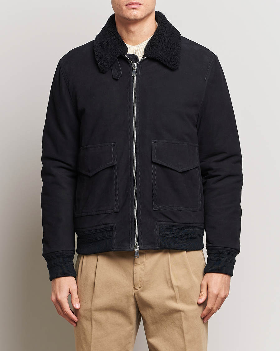 Men | Coats & Jackets | Valstar | Shearling Collar Suede Bomber Navy