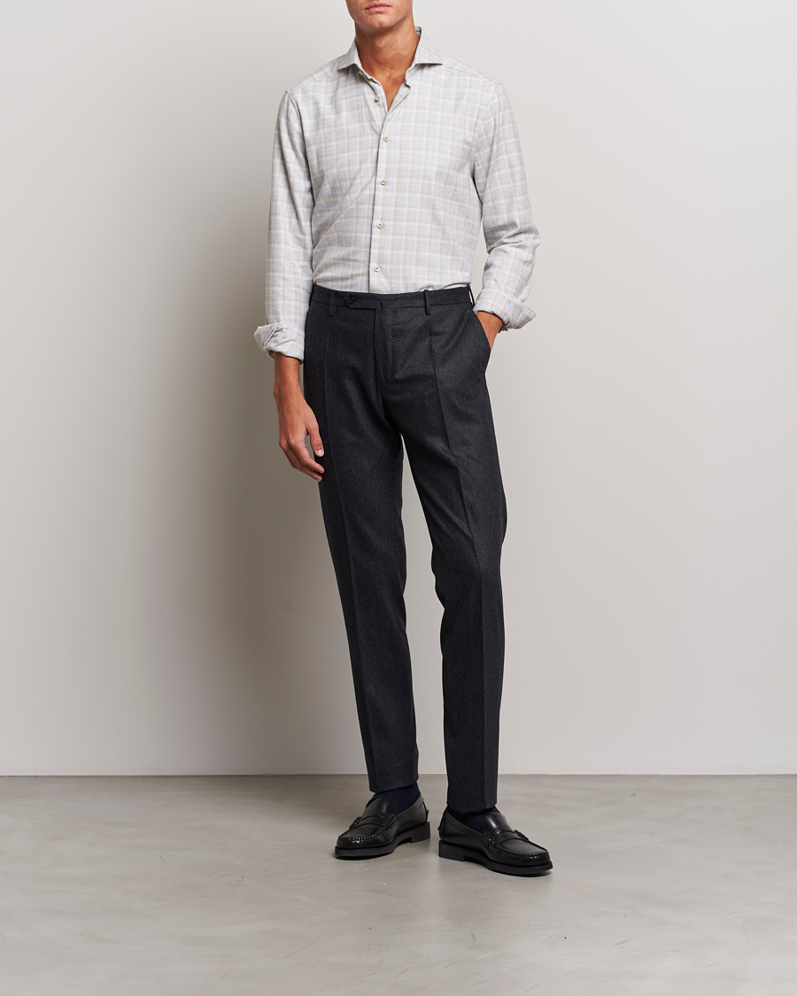Men | Shirts | Stenströms | Slimline Checked Cut Away Flannel Shirt Light Grey