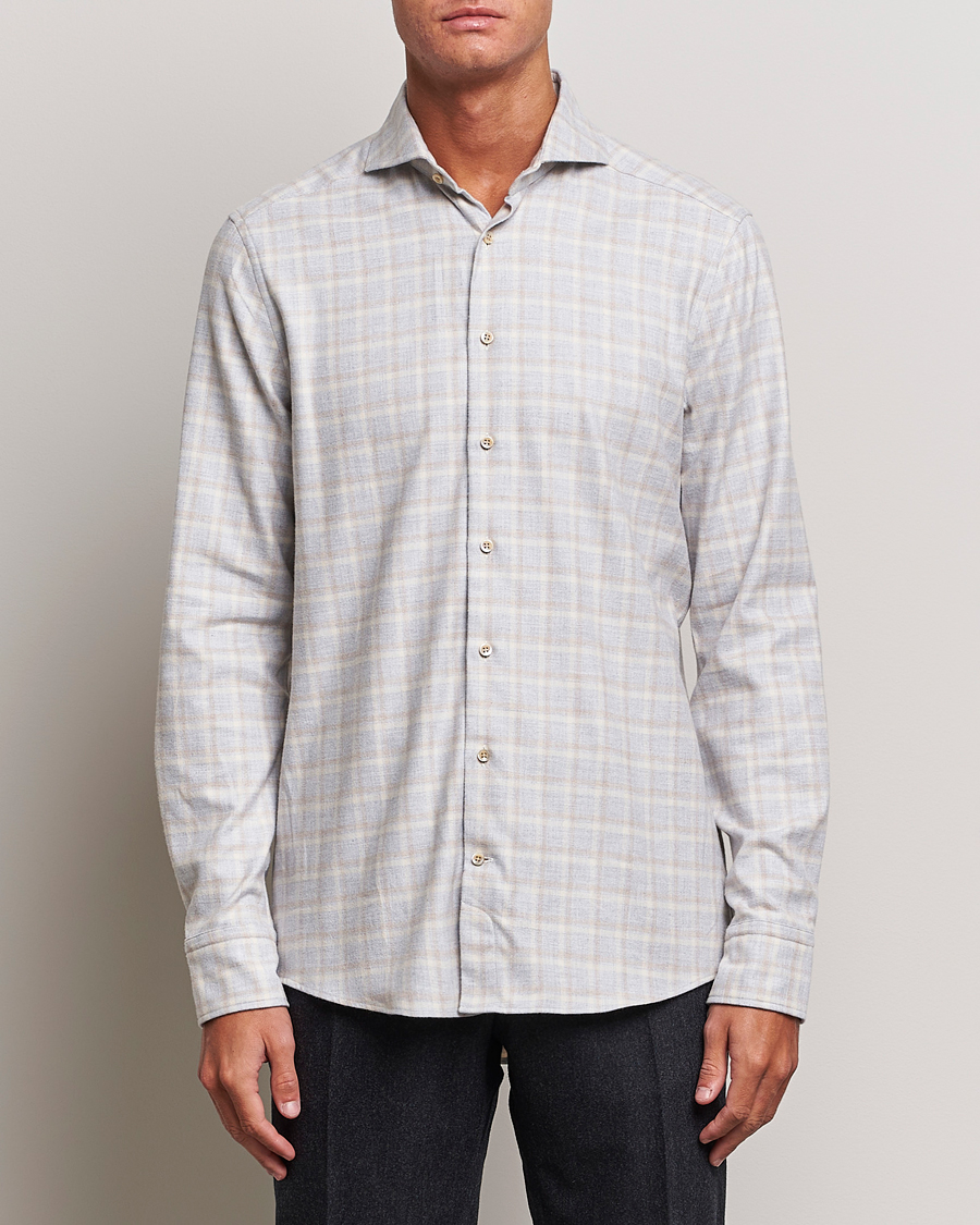 Men | Shirts | Stenströms | Slimline Checked Cut Away Flannel Shirt Light Grey