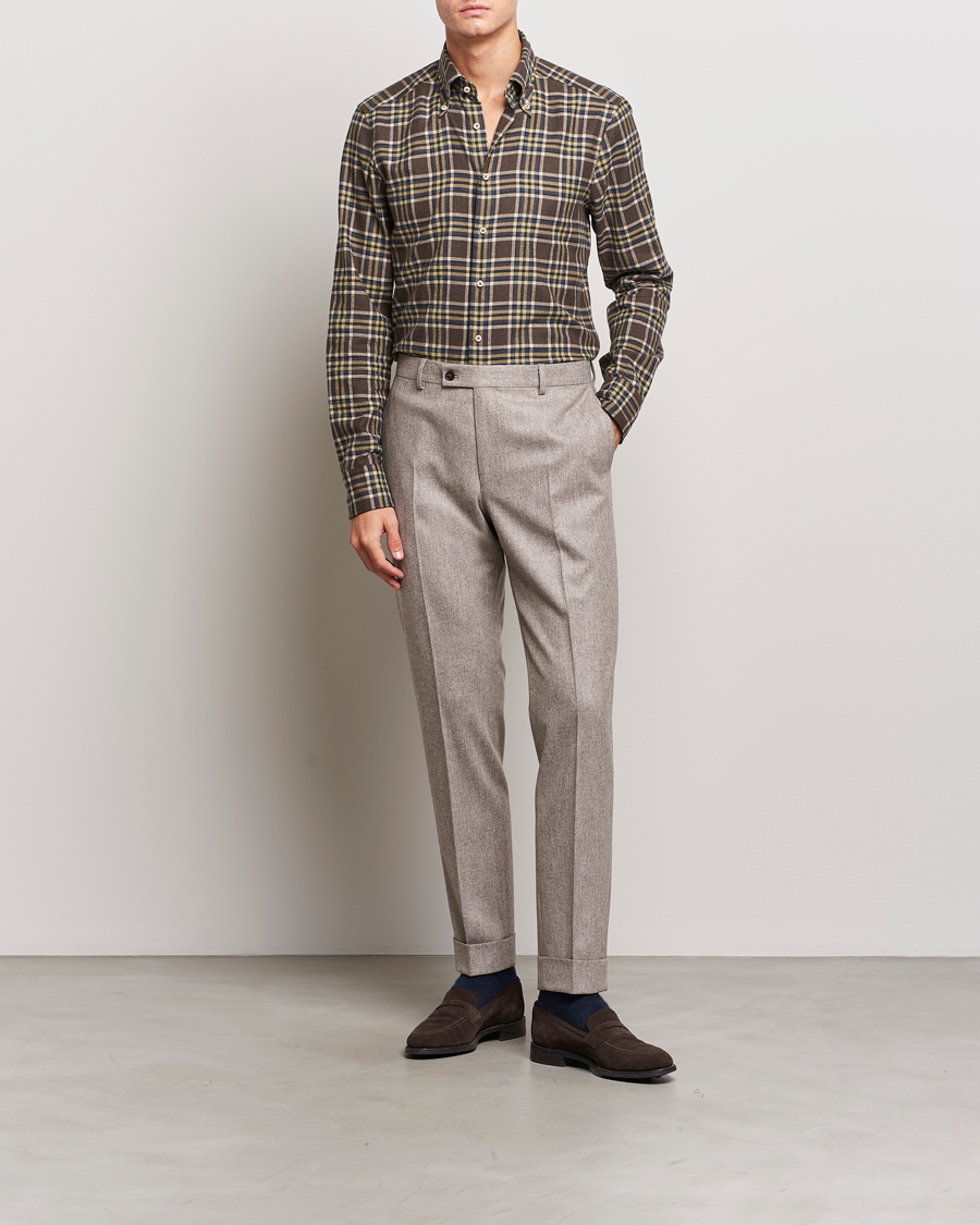 Men | Shirts | Stenströms | Slimline Checked Button Down Flannel Shirt Brown