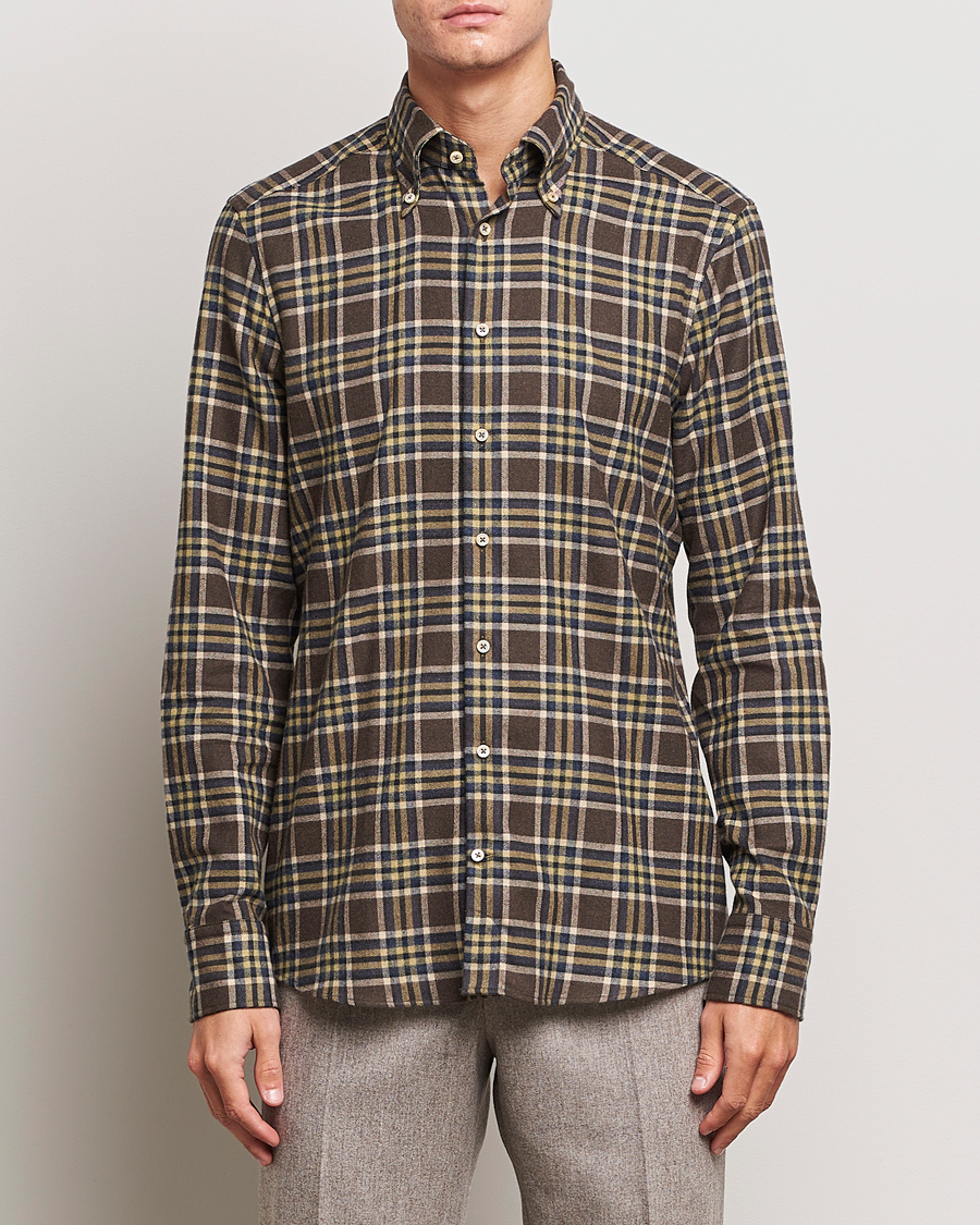 Men | Shirts | Stenströms | Slimline Checked Button Down Flannel Shirt Brown
