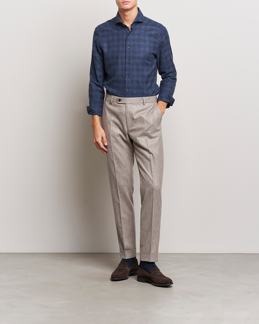 Men | Shirts | Stenströms | Slimline Checked Cut Away Flannel Shirt Navy