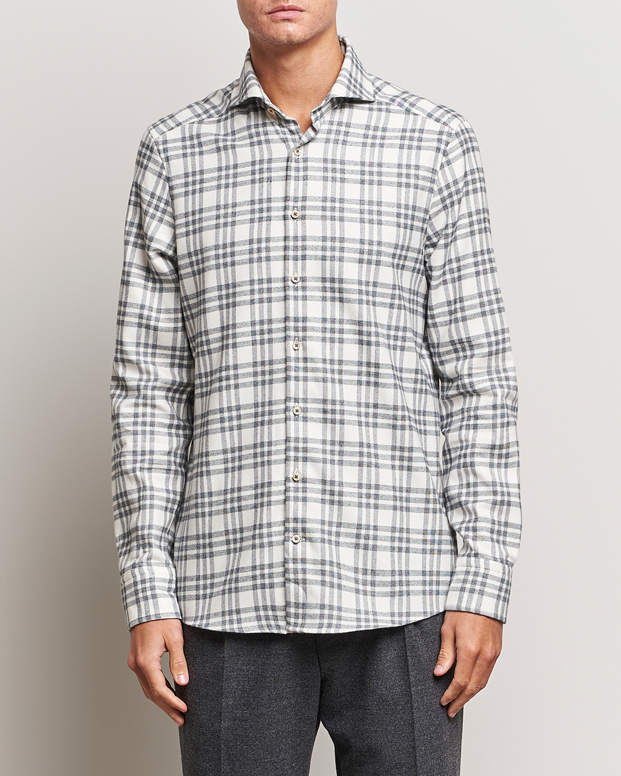 Men | Shirts | Stenströms | Slimline Checked Cut Away Flannel Shirt White/Black