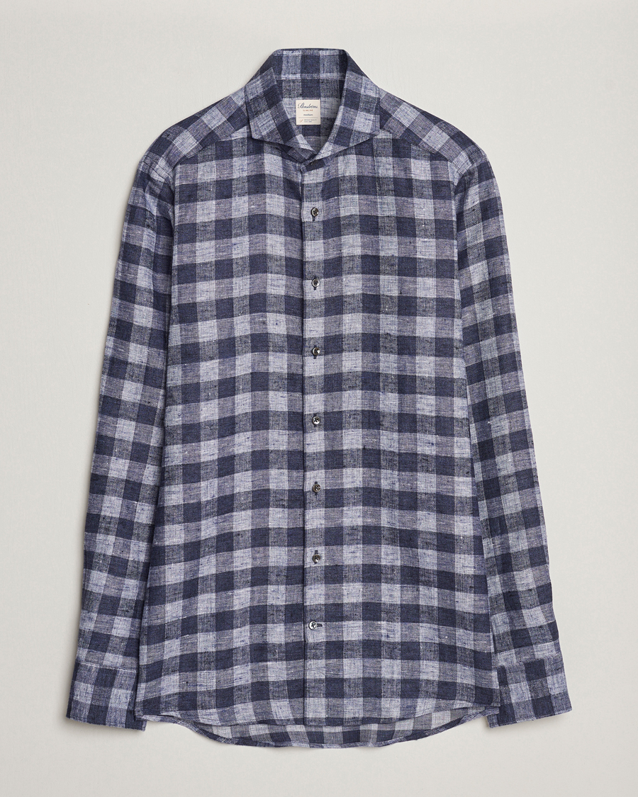 Men | Shirts | Stenströms | Slimline Checked Linen Flannel Shirt Blue