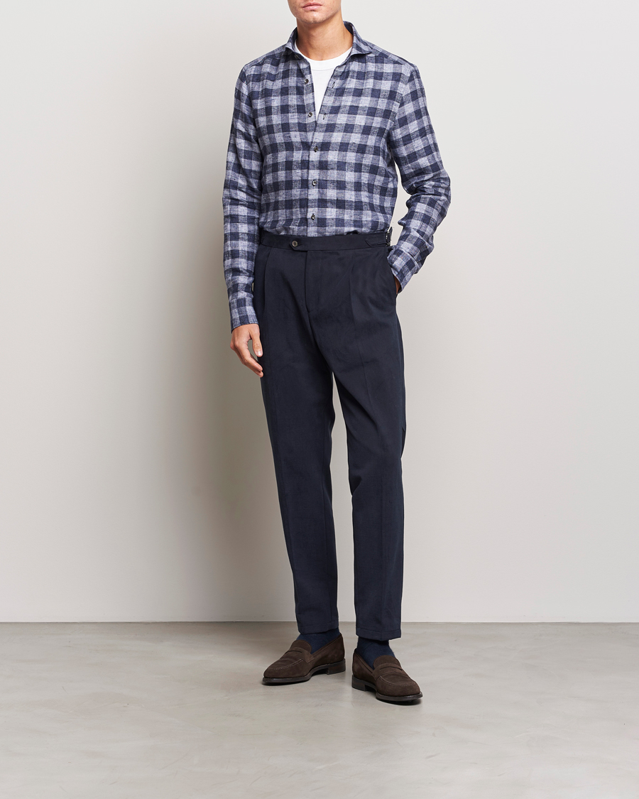 Men | Shirts | Stenströms | Slimline Checked Linen Flannel Shirt Blue