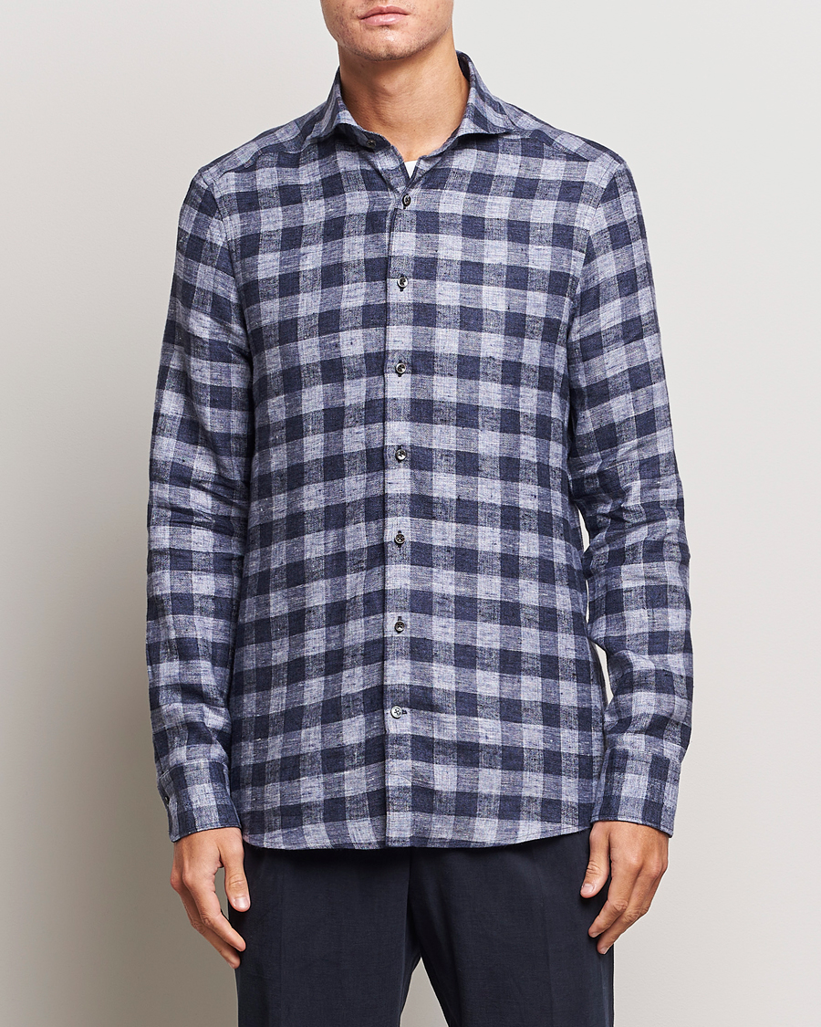 Men | Shirts | Stenströms | Slimline Checked Linen Flannel Shirt Blue