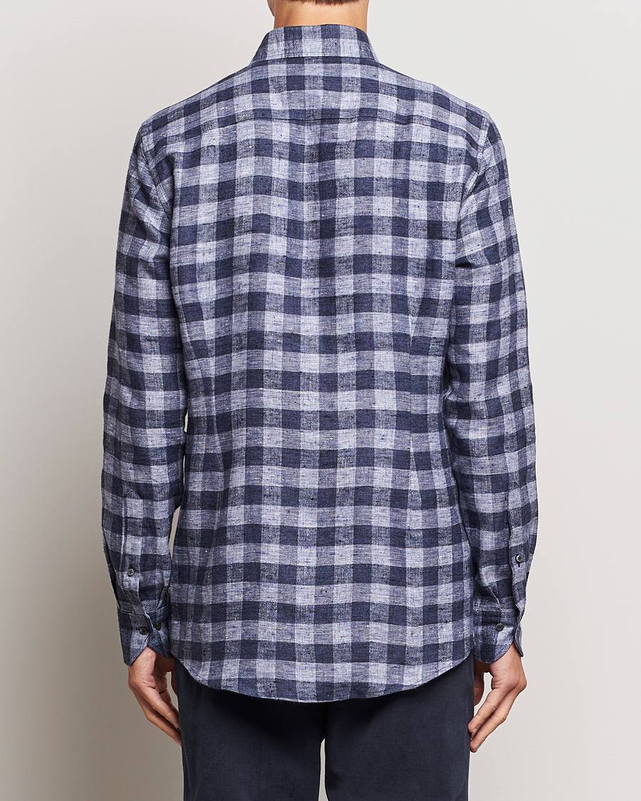 Men | Shirts | Stenströms | Slimline Checked Linen Flannel Shirt Blue
