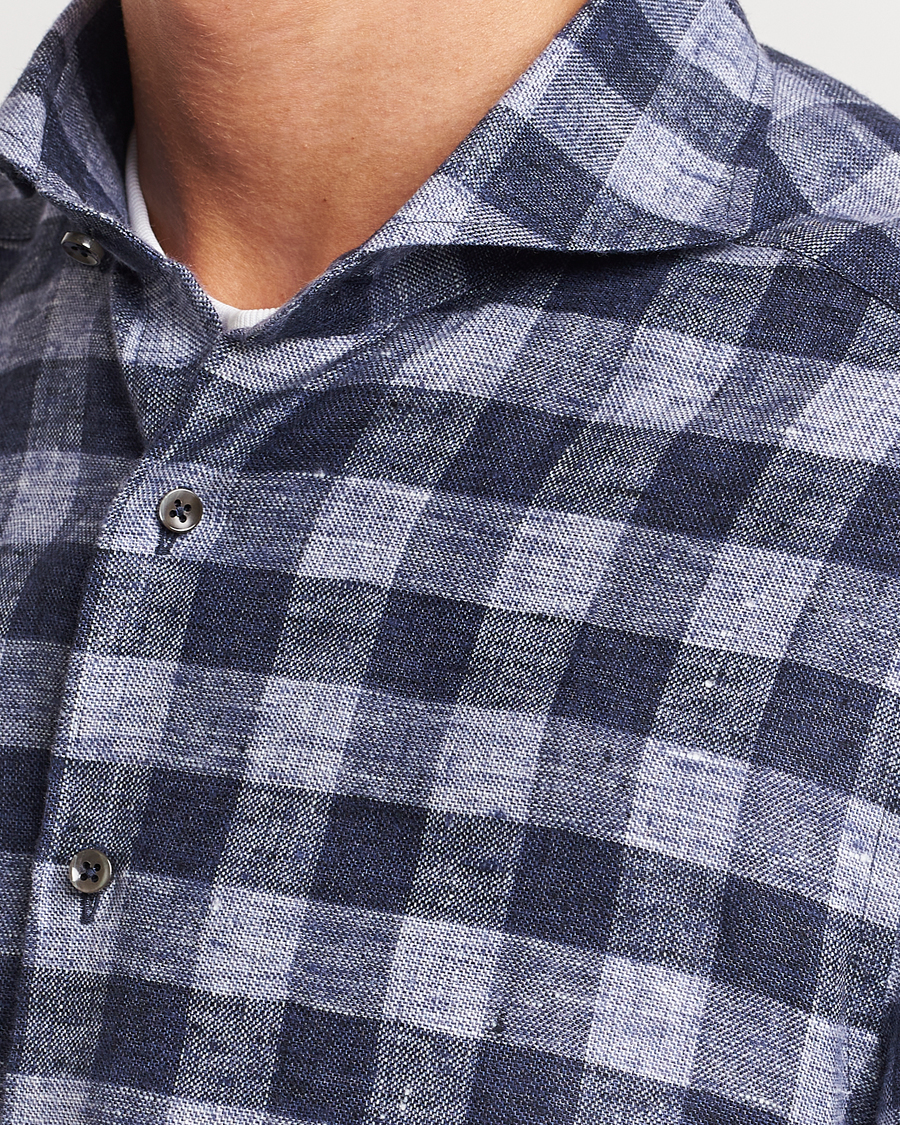 Men | Shirts | Stenströms | Slimline Checked Linen Flannel Shirt Blue