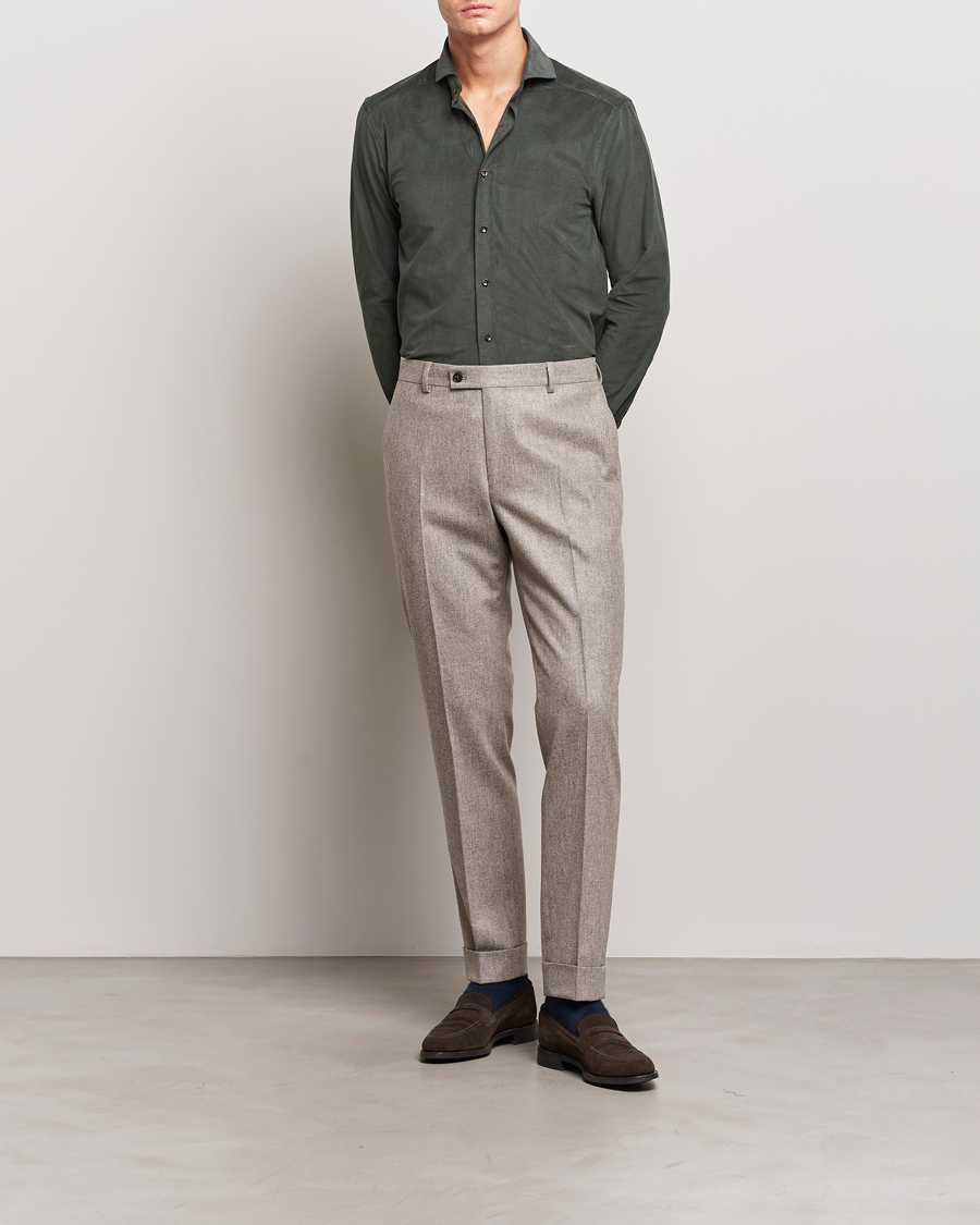 Men | Shirts | Stenströms | Slimline Cut Away Corduroy Shirt Dark Green