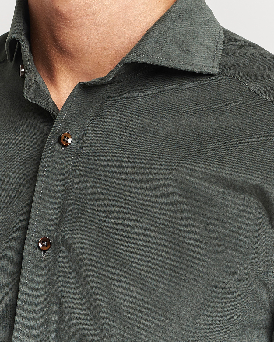 Men | Shirts | Stenströms | Slimline Cut Away Corduroy Shirt Dark Green