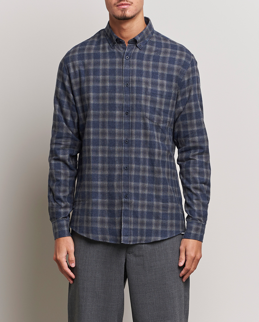 Men | Shirts | Sunspel | Brushed Cotton Flannel Shirt Grey/Blue Check