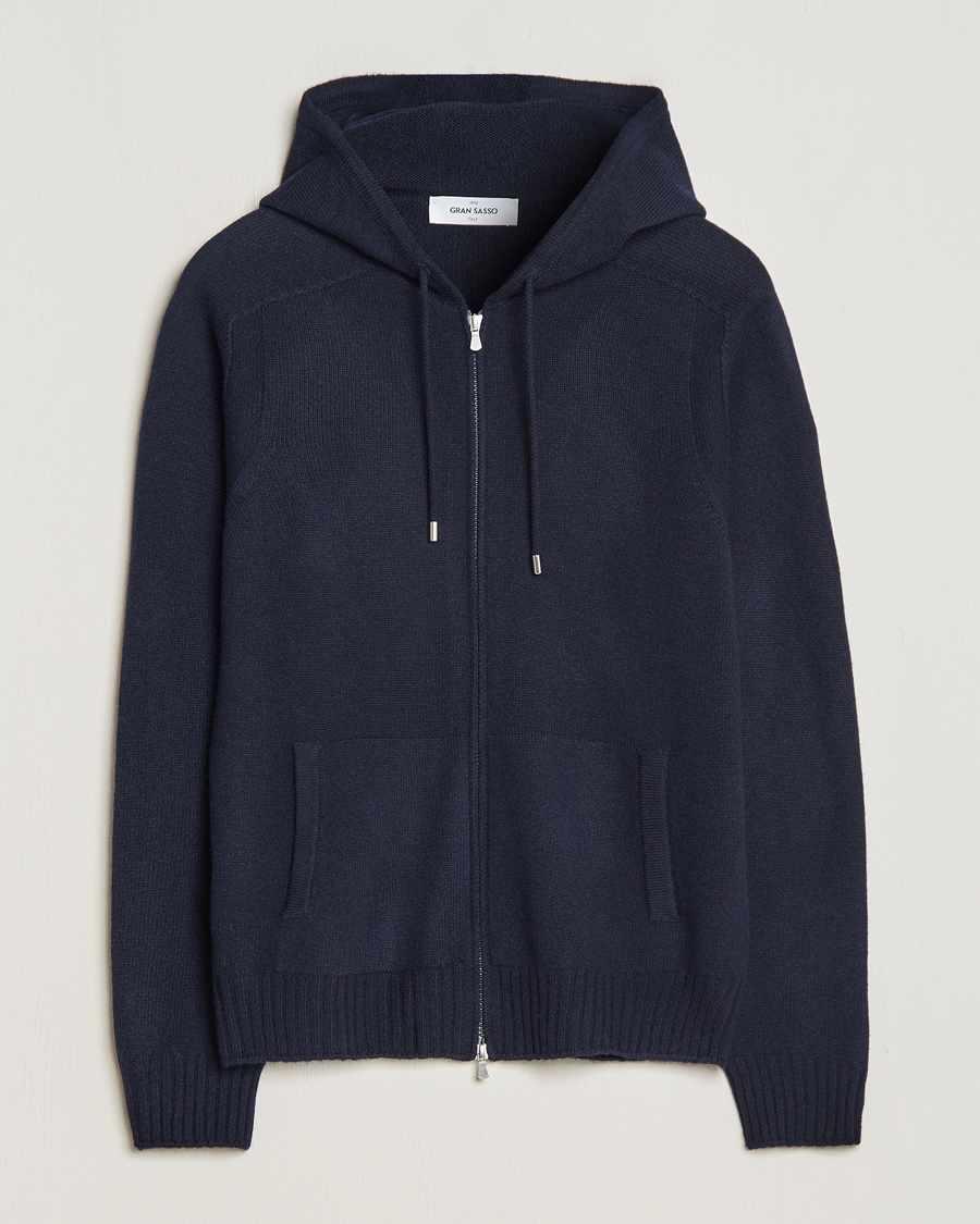 Men | Sweaters & Knitwear | Gran Sasso | Full Zip Wool Hoodie Navy