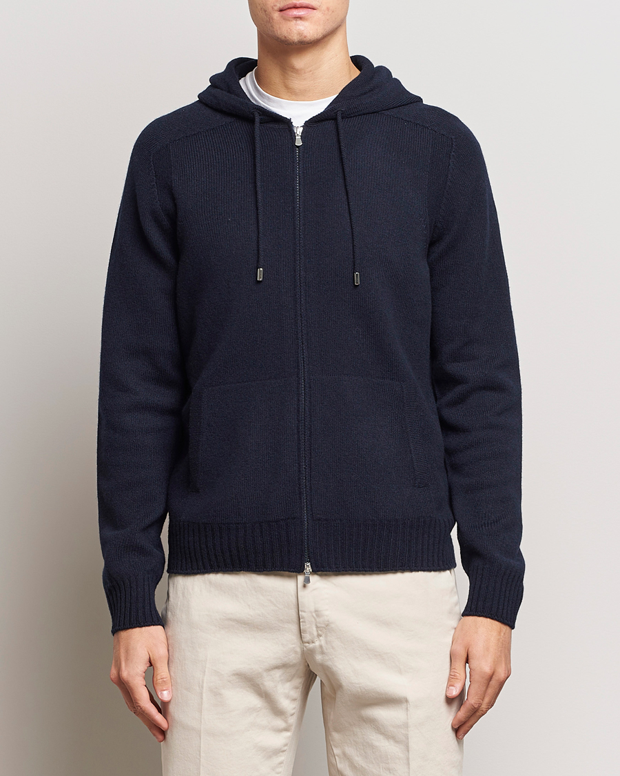 Men | Sweaters & Knitwear | Gran Sasso | Full Zip Wool Hoodie Navy