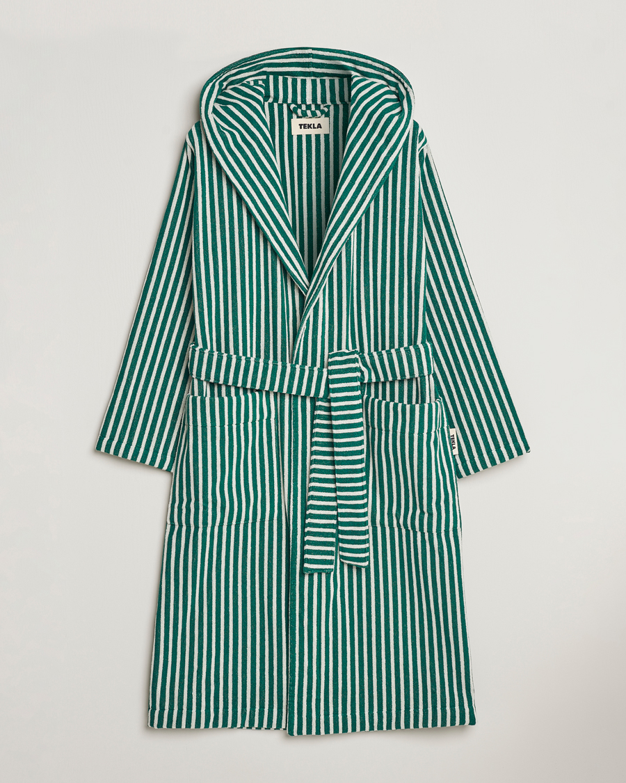 Men | Pyjamas & Robes | Tekla | Organic Terry Hooded Bathrobe Teal Green Stripes