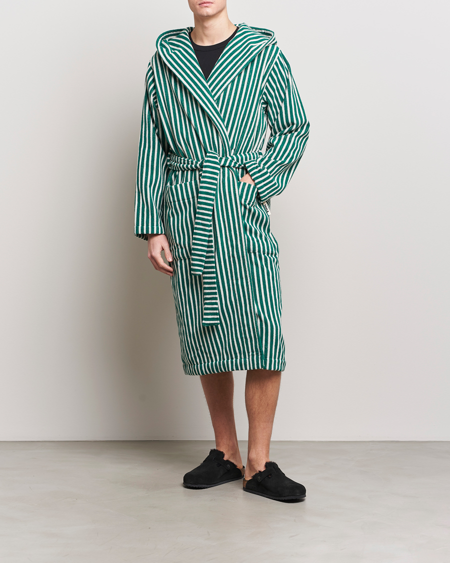 Men | Pyjamas & Robes | Tekla | Organic Terry Hooded Bathrobe Teal Green Stripes