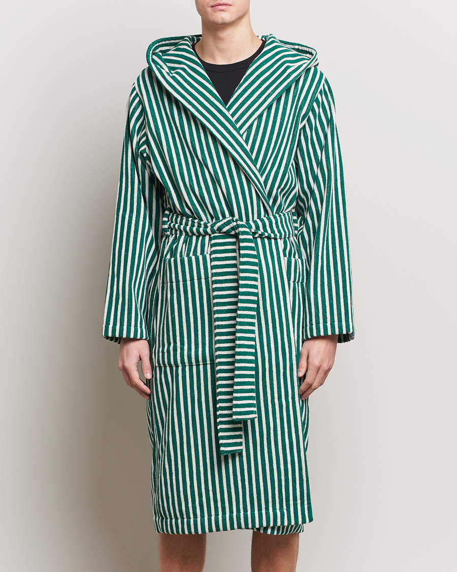 Men | Pyjamas & Robes | Tekla | Organic Terry Hooded Bathrobe Teal Green Stripes