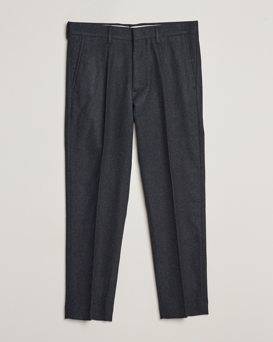 Men | Trousers | NN07 | Bill Brushed Flannel Pleated Trousers Navy Blue