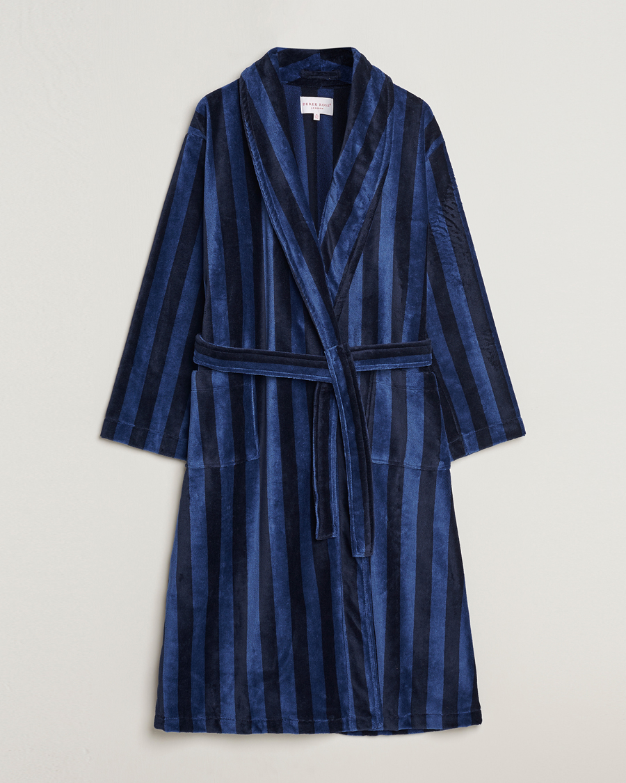 Men | Pyjamas & Robes | Derek Rose | Striped Cotton Velour Gown Navy