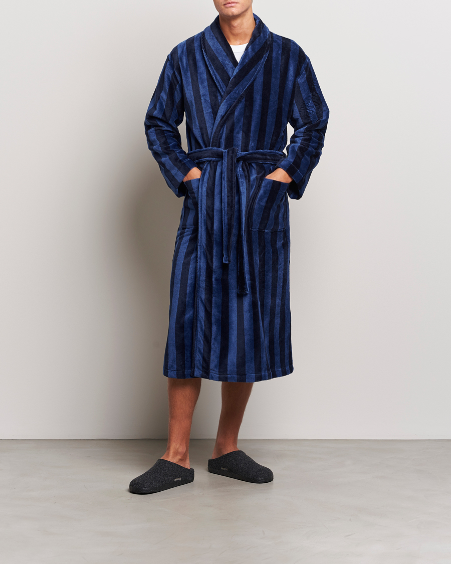 Men | Pyjamas & Robes | Derek Rose | Striped Cotton Velour Gown Navy