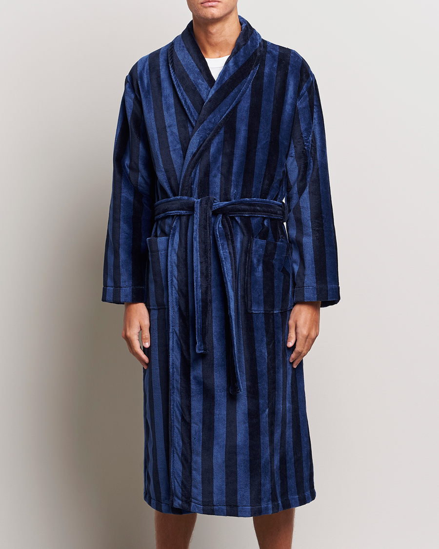Men | Pyjamas & Robes | Derek Rose | Striped Cotton Velour Gown Navy
