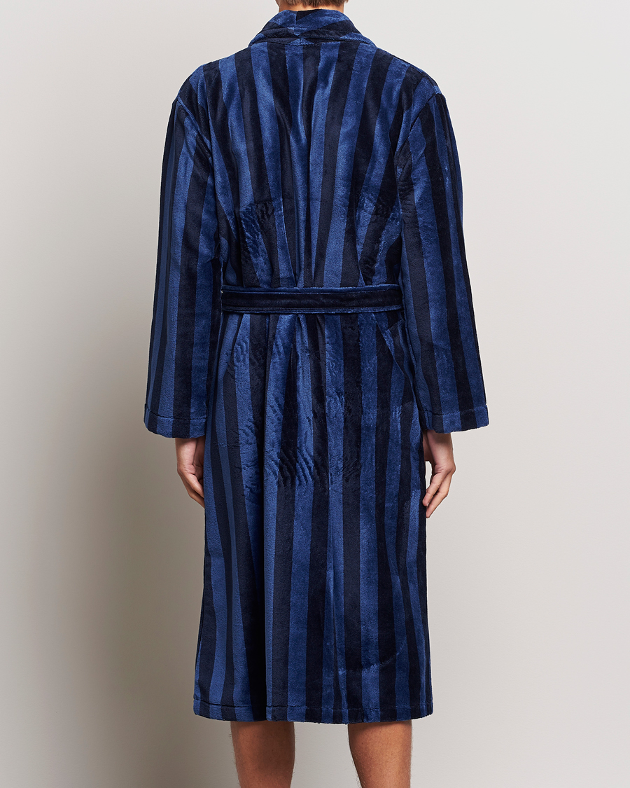 Men | Pyjamas & Robes | Derek Rose | Striped Cotton Velour Gown Navy