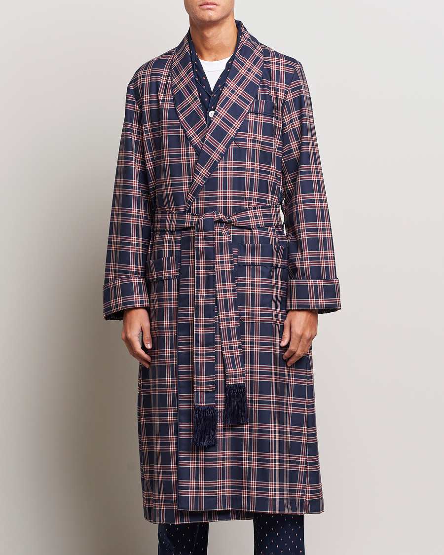 Men | Pyjamas & Robes | Derek Rose | Wool Checked Gown Navy