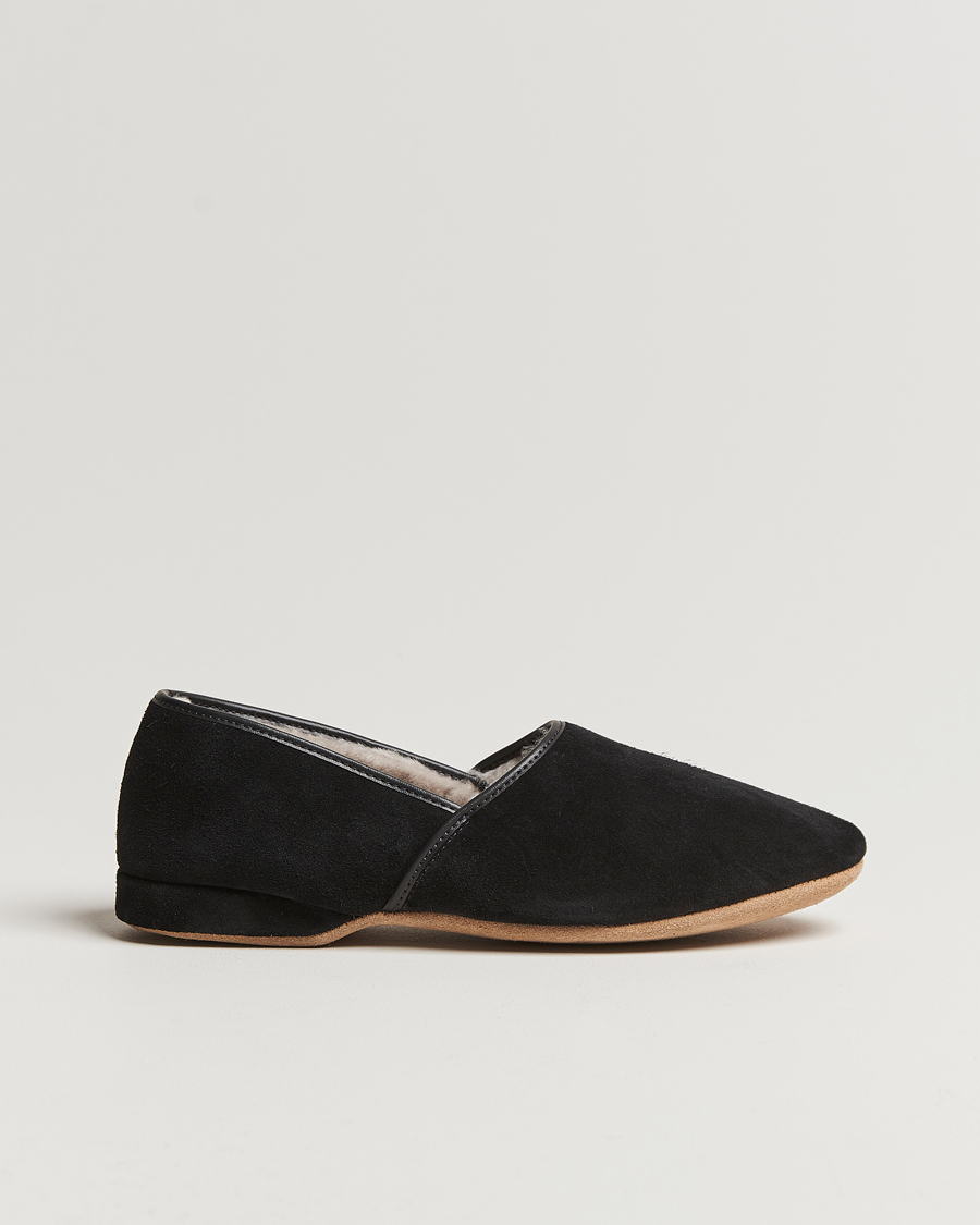Men | Derek Rose Crawford Sheepskin Suede Slippers Black | Derek Rose | Crawford Sheepskin Suede Slippers Black