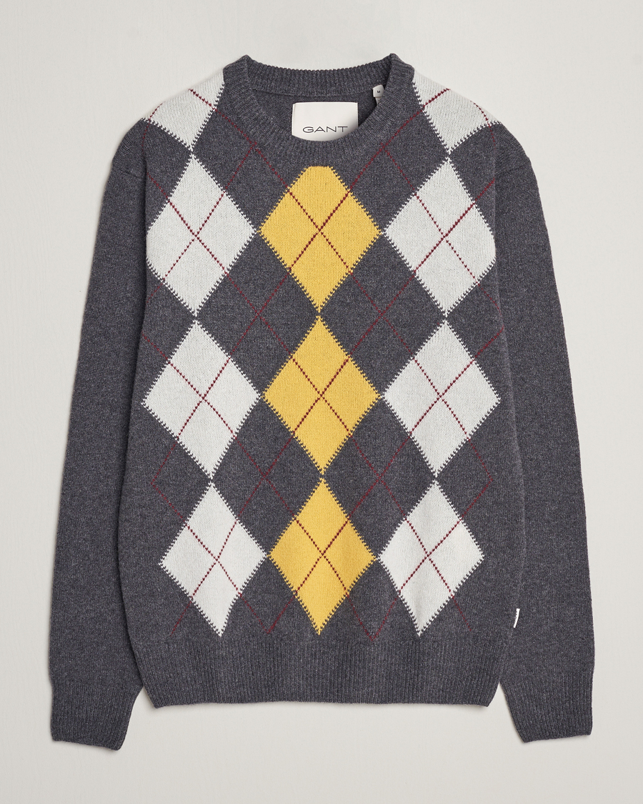 Men | Sweaters & Knitwear | GANT | Lambswool Argyle Crew Neck Sweater Charcoal Melange