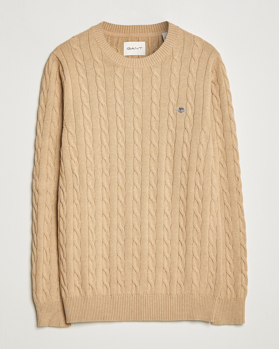 Men | Sweaters & Knitwear | GANT | Cotton Cable Crew Neck Pullover Khaki Melange