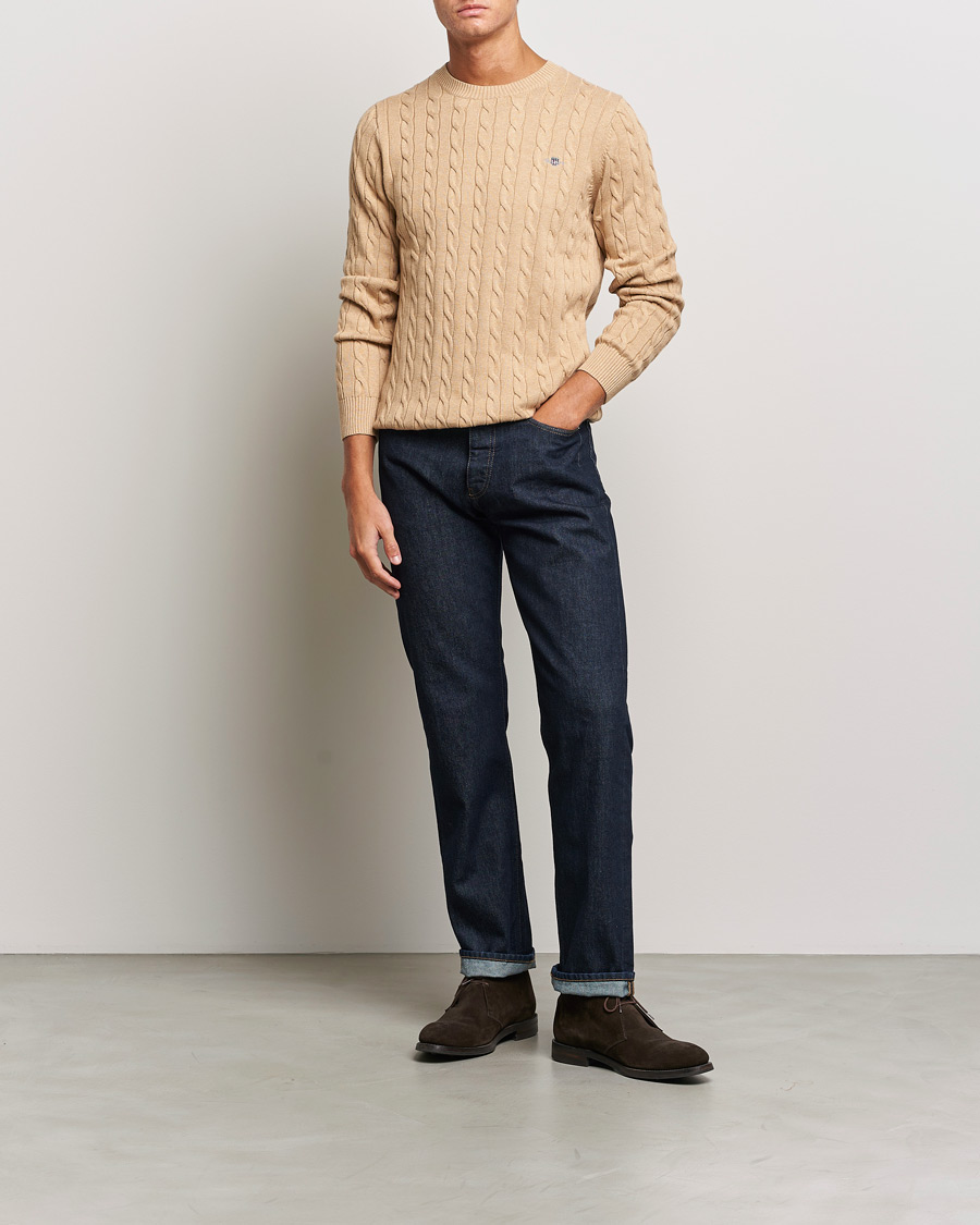 Men | Sweaters & Knitwear | GANT | Cotton Cable Crew Neck Pullover Khaki Melange