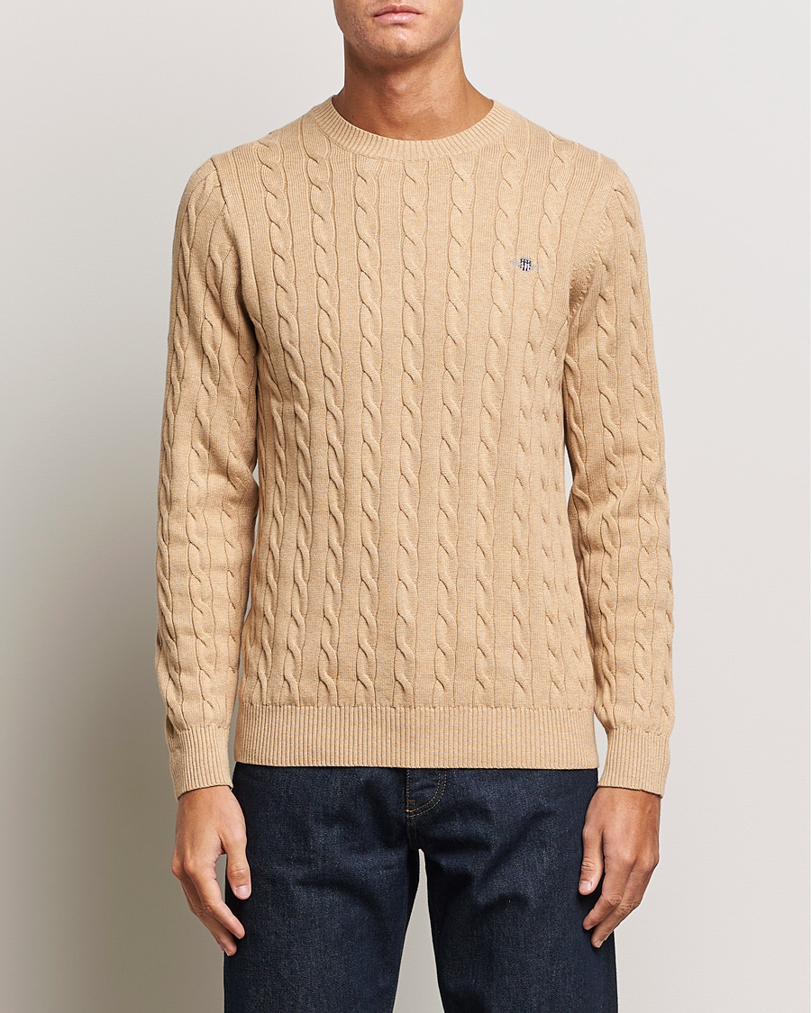 Men | Sweaters & Knitwear | GANT | Cotton Cable Crew Neck Pullover Khaki Melange