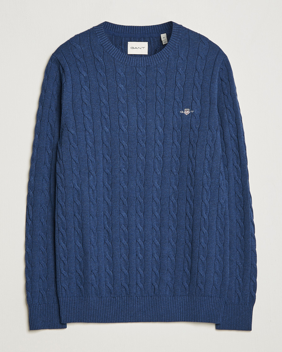 Men | Sweaters & Knitwear | GANT | Cotton Cable Crew Neck Pullover Marine Melange